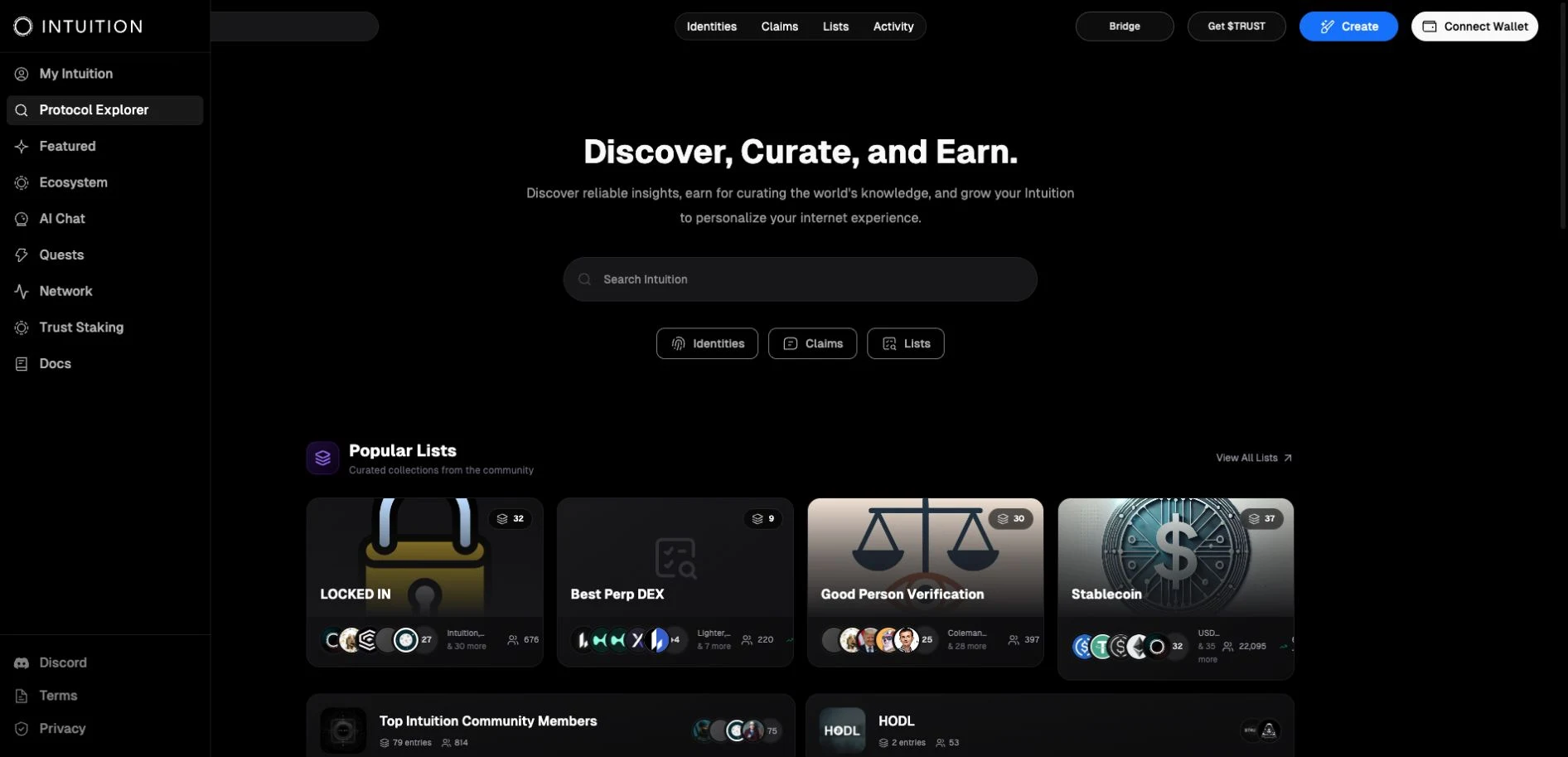 Intuition’s public protocol explorer, with identity, claim, and curated list discovery.